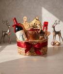 Cesta de presente de Natal luxuosa em tons vermelhos com itens festivos, apresentada por OhSurpriseGifts.