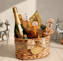 Cesta de presente de Natal de luxo dourada com itens elegantes, ideal para festas e celebrações de fim de ano